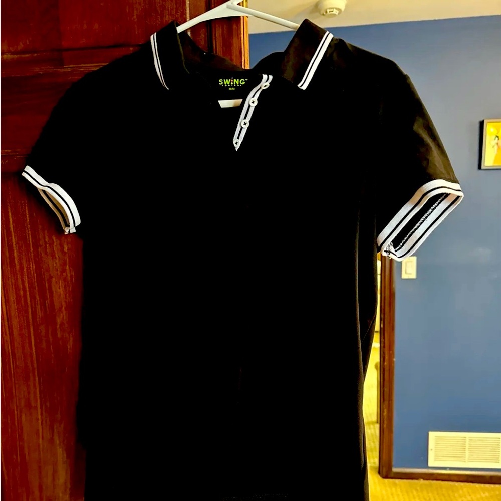 Swing control pique mockneck sleeveless shirt black and white size medium